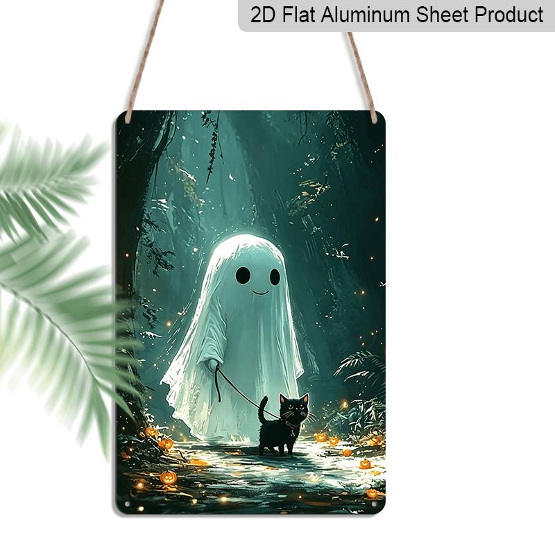 2D Flat, 1pc Halloween Cute Ghost & Black Cat Aluminum Sign, Lloween Wall Decor for Haunted House, Party, Home, Bathroom - Spooky Housewarming Gift