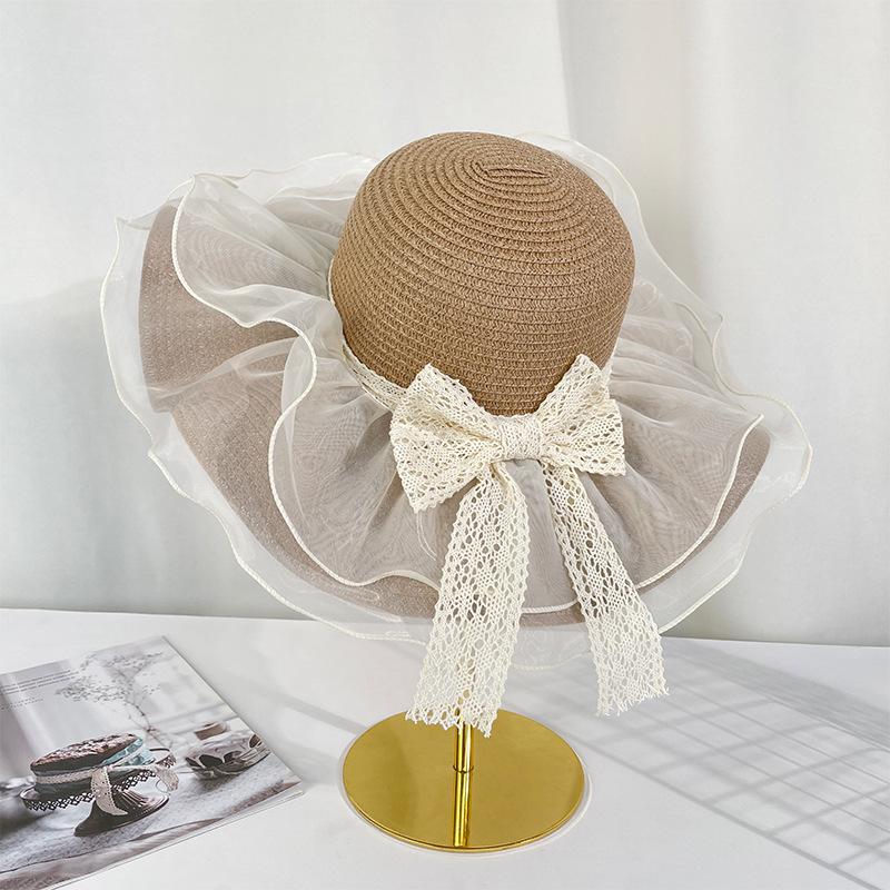 Mesh Bow Lace Straw Hat Summer Big Brim Sun Protection Sun Hat Seaside Beach Resort Sun Hat