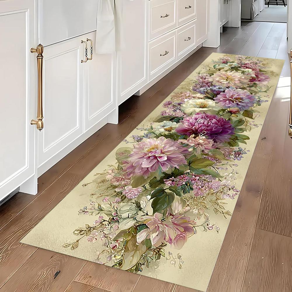 Floral Pattern Runner Rug Vintage Flowers Print Home Decor Long Carpet Soft Non-slip Floor Mat for Hallway Bedroom