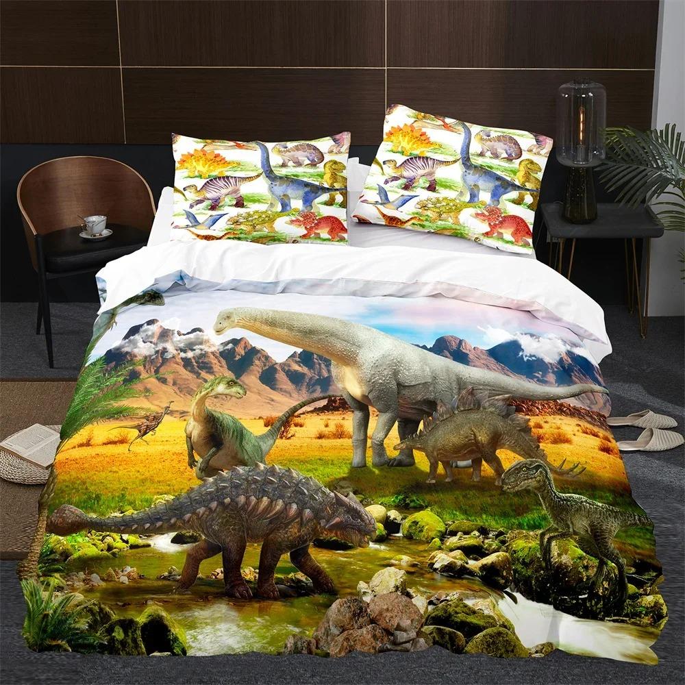 BCartoon Dinosaur Duvet Cover King Queen Size Jurassic World Theme Bedding Set for Kids Boys Ancient Animal Polyester Quilt Cove