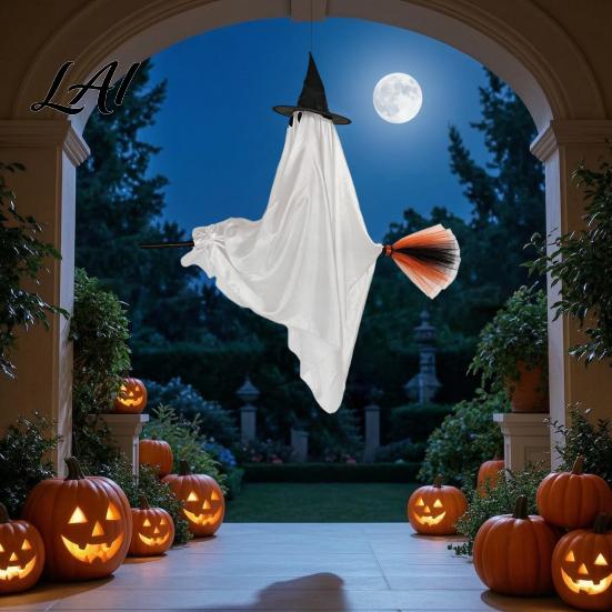 Ghost with Wizard Hat Hanging Broom Halloween Decoration Flying Witch Ornament for Creative Holiday Decor Haunted House Porch Tree Spooky Outdoor