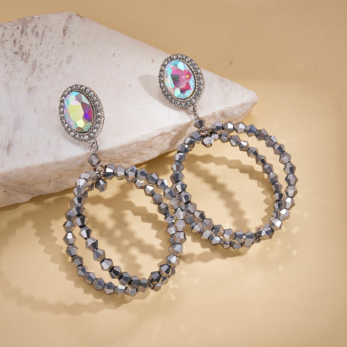 Personalized diamond-encrusted glass hollow geometric oval silver needle earrings unique earrings