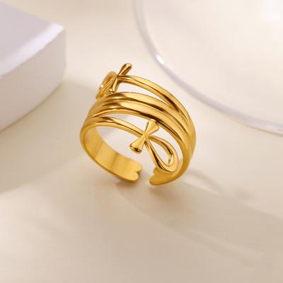 Bague Croissant Ankh Égyptien pour Femmes Hommes Couleur Or Acier Inoxydable Bijoux Cadeau de Fête