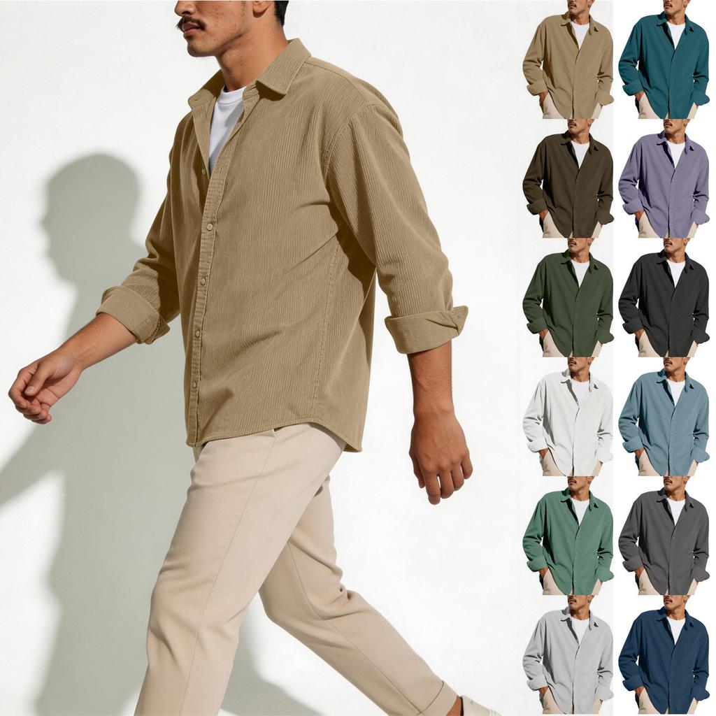 Men's Casual -color Lightweight Breathable Corduroy Button-down Shirt - Men's Stylish Loose-fitting Long-sleeved Shirt