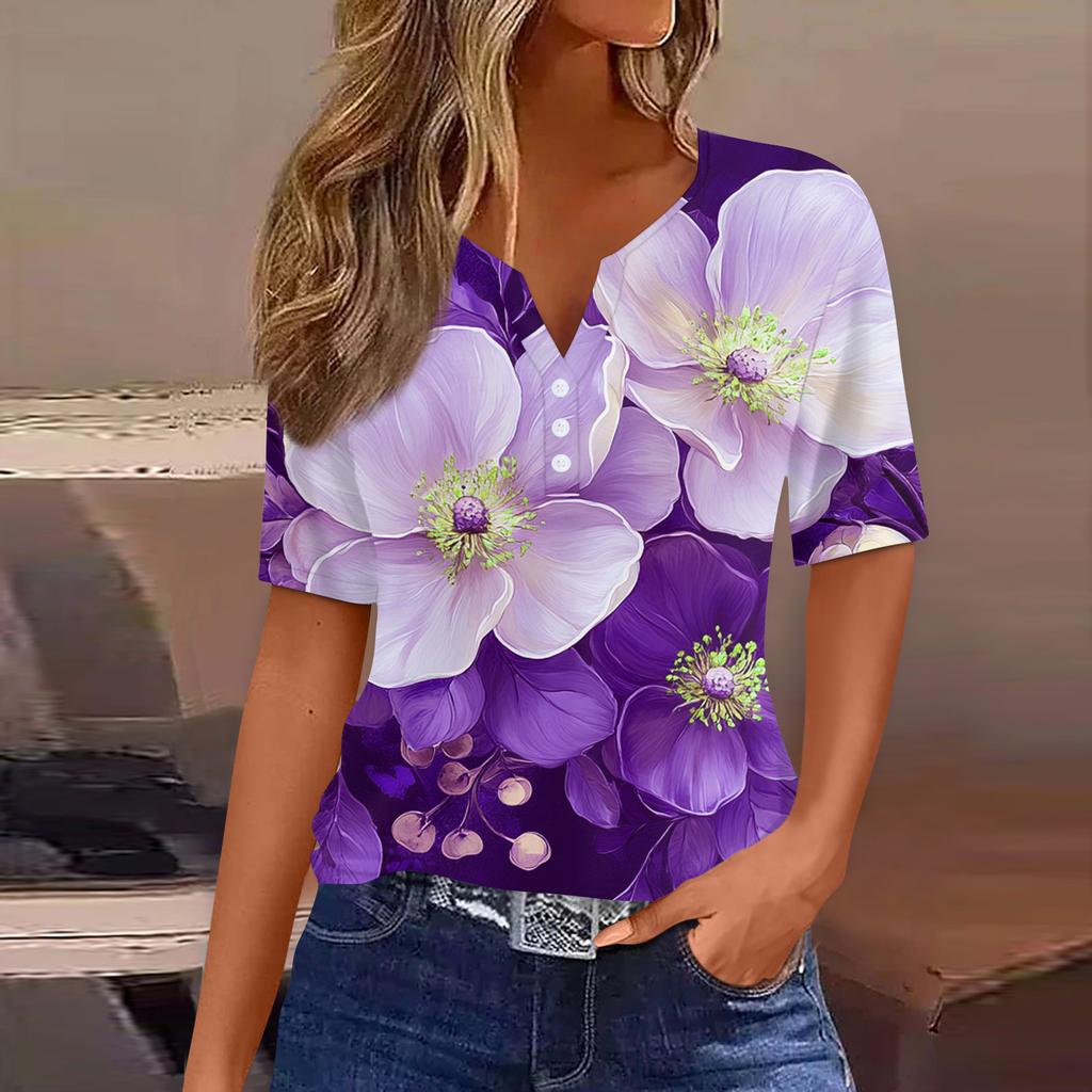 Women's T Shirt Print Button Short Sleeve Daily Weekend Fashion Basic V-Neck Regular Top