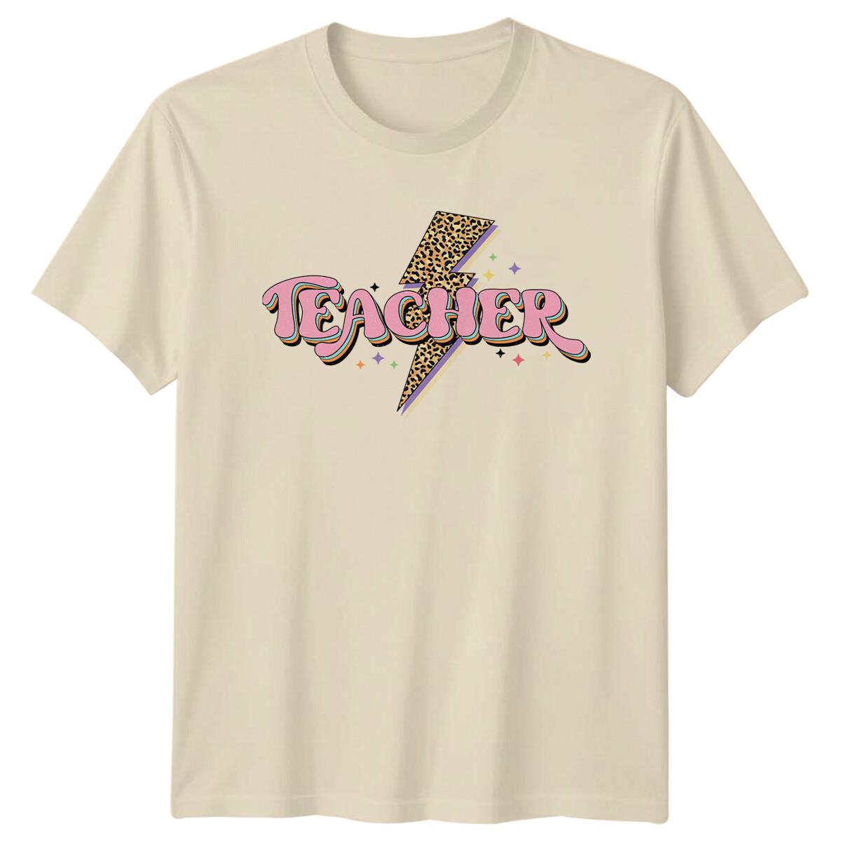 Teacher Leopard Bolt Retro Style T-Shirt -a L