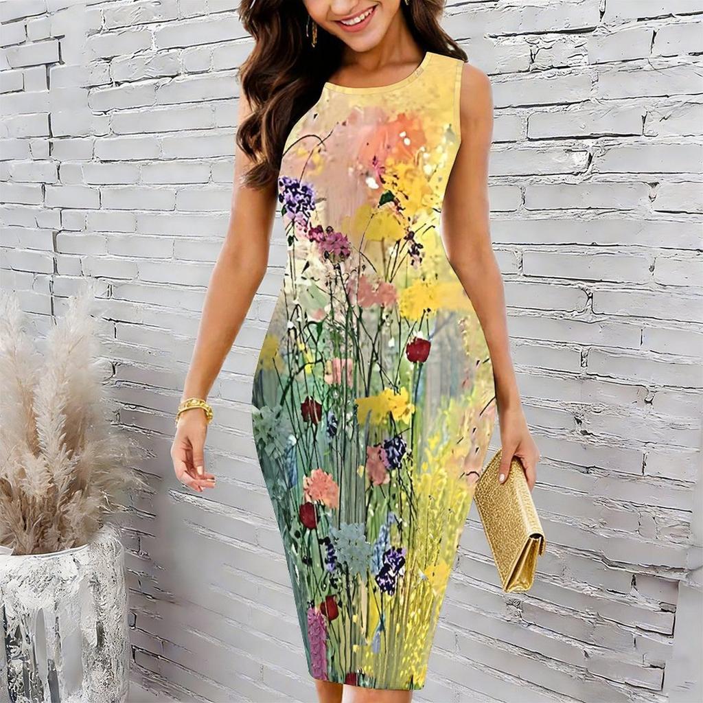 Women Plus Size Crew Neck Sleeveless Midi Dress Neutral Tone Large White Flower Metallic Texture Print Bodycon Dress