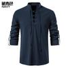 Men's New Men's Cotton and Linen Henry Shirt, Long-sleeved Hippie Casual Beach Stand-up Collar Shirt