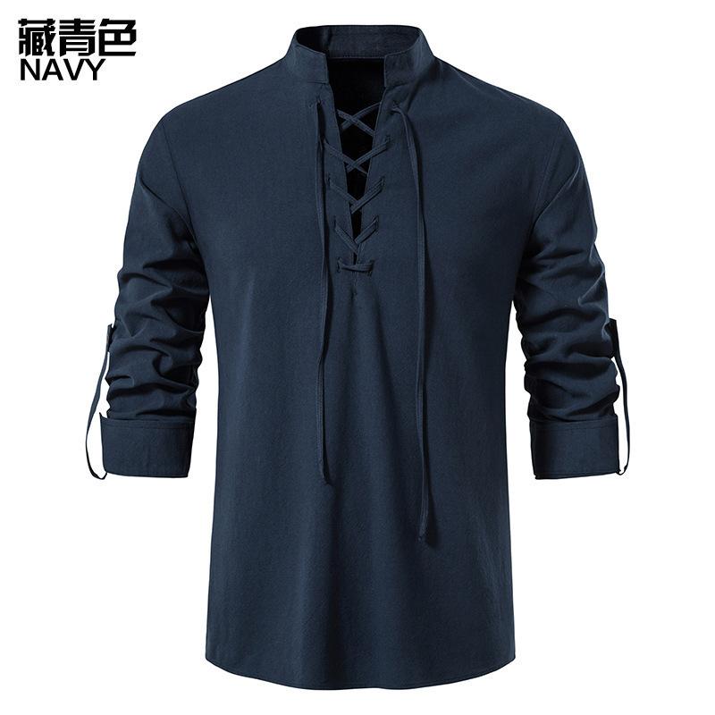 Men's New Men's Cotton and Linen Henry Shirt, Long-sleeved Hippie Casual Beach Stand-up Collar Shirt