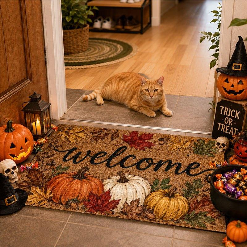 Halloween Pumpkin Black Cat Doormat Non Slip Washable Welcome Rug for Front Porch Entryway Holiday Decor