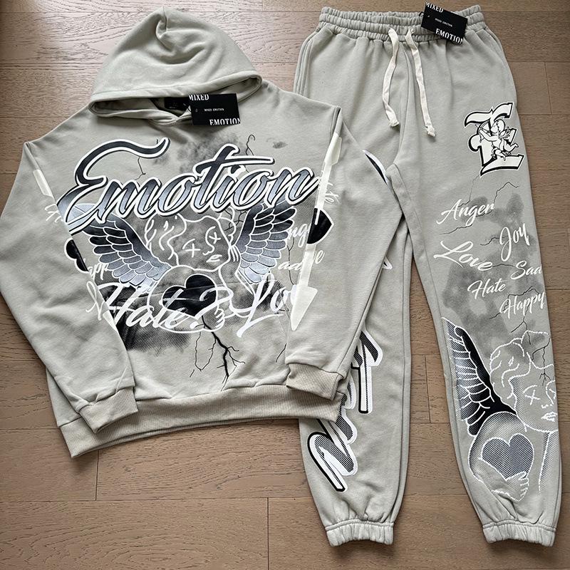 Unisex Rhinestone Zipper Hooded Cardigan & Sweatpants Set with Letter Print.