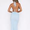 European and American summer sexy solid color hollow out deep V-neck hanging neck twisted irregular dress