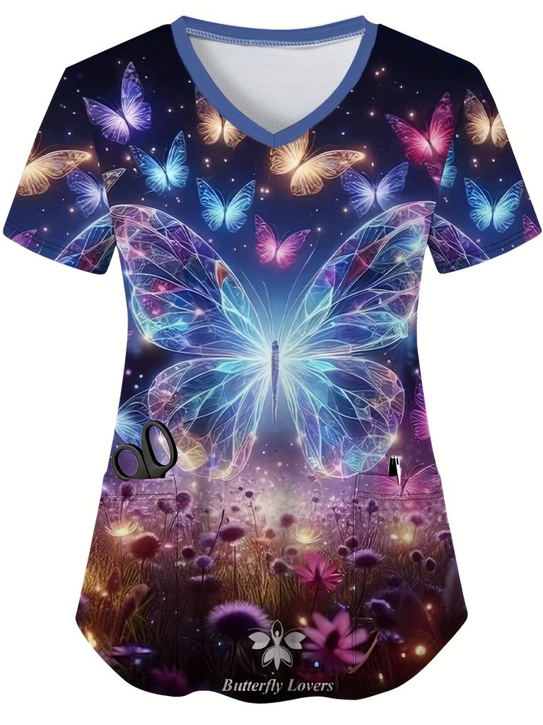 Fashion butterfly Short-Sleeve TShirt Commuting Work V-Neck Top Short Sleeves Woman