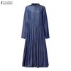 ZANZEA Women Casual Round Neck Solid Color Long Sleeve Loose Dress