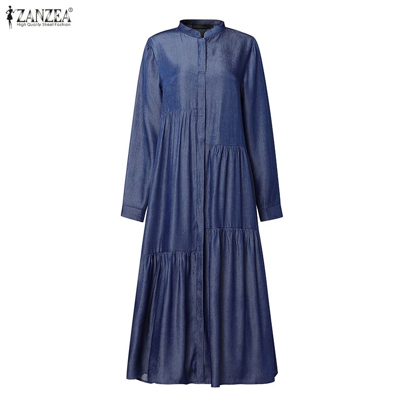 ZANZEA Women Casual Round Neck Solid Color Long Sleeve Loose Dress