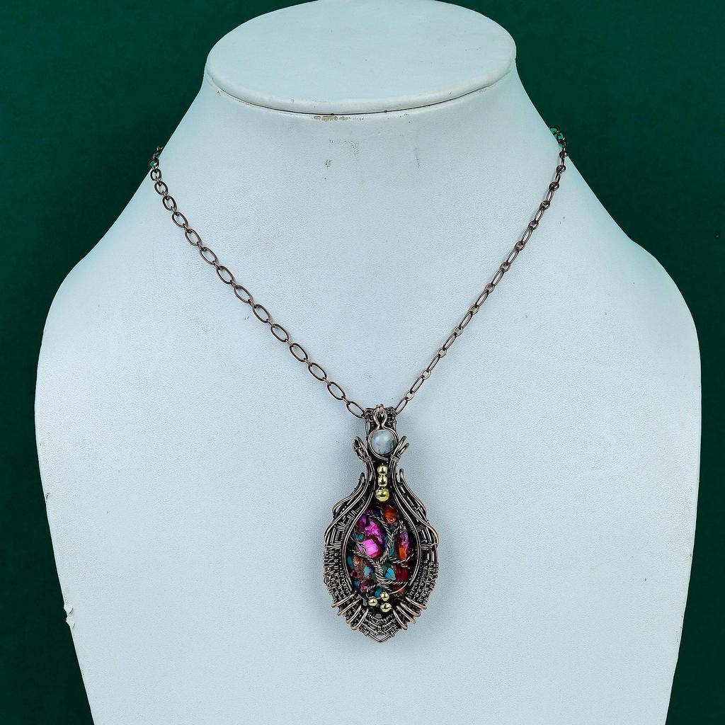 Kingman Pink Dahlia Turquoise Pendant Copper Wire Wearing Pendant Gemstone Jewelry Handmade Tree of Life Jewelry Rainbow Moonstone Pendant