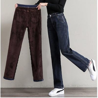 Dames Winter Dikke Warme Fleece Rechte Jeans Klassieke Hoge Taille Verdikken Mode Warme Denim Broek Retro Cowboy Broek