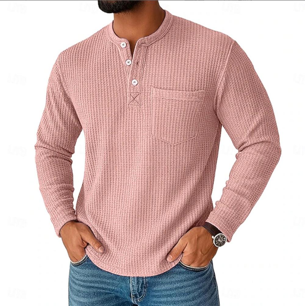 Vintage Men's Henley Shirts Long Sleeve Buttoned Crew Neck T Shirt Spring Autumn Men Clothing Casual Solid Color Waffle T-shirt