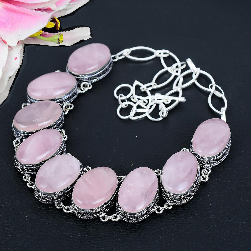 Rose Quartz Gemstone Handmade 925 Sterling Silver Jewelry Necklace 18" KG-1657