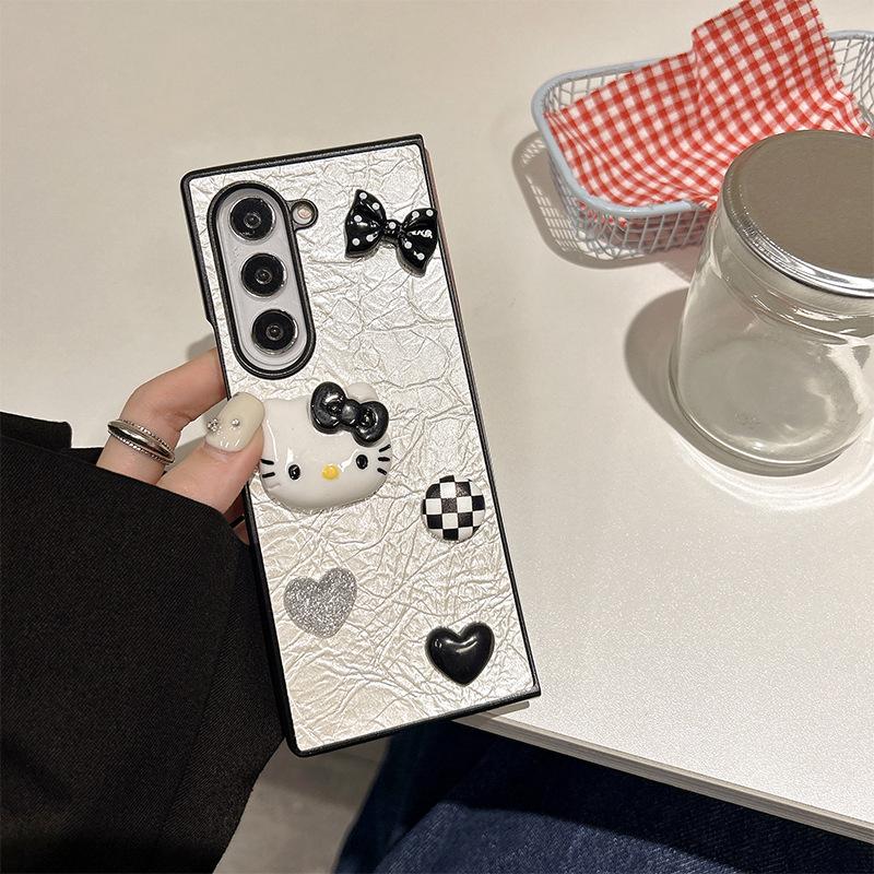 

Cartoon Kt Cat Glitter Love Plaid Mobile Phone Case For Samsung Zflip6 Flip Xflip Folding Screen Leather Pattern samsung zflip3