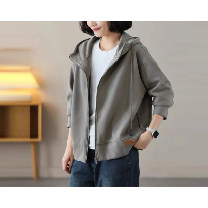 Women's Spring and Autumn Loose Casual Hooded Sweatshirt with Letter Zipper Cardigan Jacket