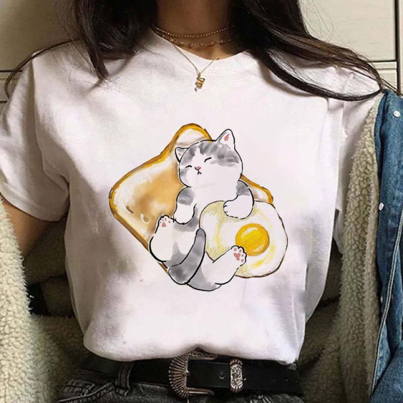 Cute Cat Print Short Sleeves Women's Tshirt Fashion Streetwear Y2k Clothing Sportwear Harajuku Pullover Tops Tees Summer Spring