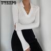 Damen V-Ausschnitt Langarm Skinny T-Shirts Damen Gestrickte Tops Herbst Winter Feste Beiläufige Dünne Damen Tees Streetwear