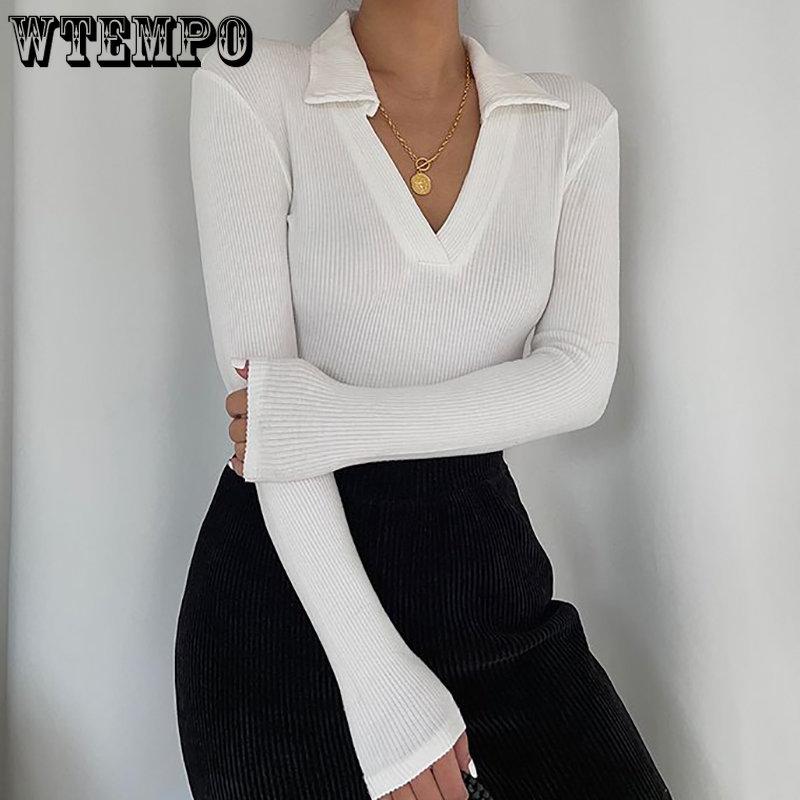 Damen V-Ausschnitt Langarm Skinny T-Shirts Damen Gestrickte Tops Herbst Winter Feste Beiläufige Dünne Damen Tees Streetwear