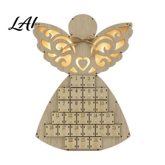 Advent Calendar for Candy Wooden Angel Christmas with 24 Storage Drawers Countdown Holiday to Tabletop Decoration Winter Party Favors LED Lighted