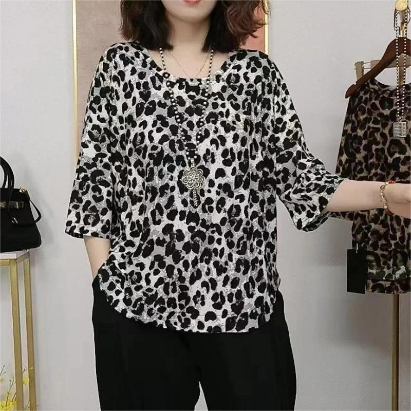 

Summer Fashion Leopard Print Loose T-shirt Women s Round Neck Vintage Printed Korean Casual Versatile Tops L