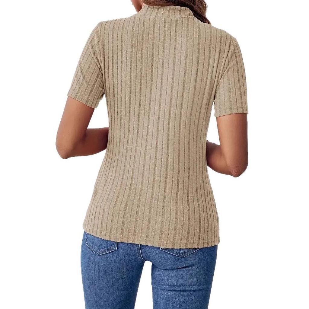Wiosna i Lato Jednokolorowe Paski Dzianinowe Bluzki z Krótkim Rękawem Nisza Półwysoki Kołnierz Dopasowane Damskie T-shirty