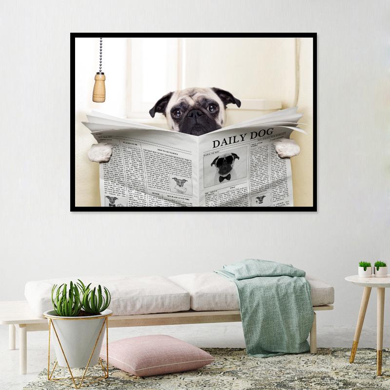 Toilet Decor Wall Art Cute Dog Canvas Painting Animal Posters and Prints Wall Pictures for Nursey Kitchen Kids Room Decoration No Frame