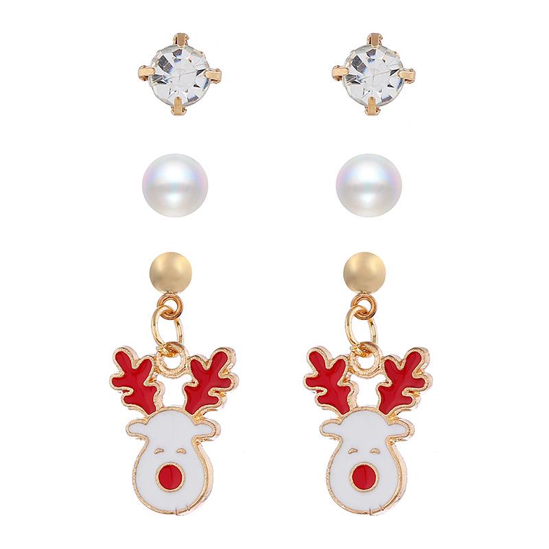 Christmas Drop Oil Small Stud Earrings Set, Santa Claus Snowflake Elk Pearl Zircon Combination 3-Piece Earrings.