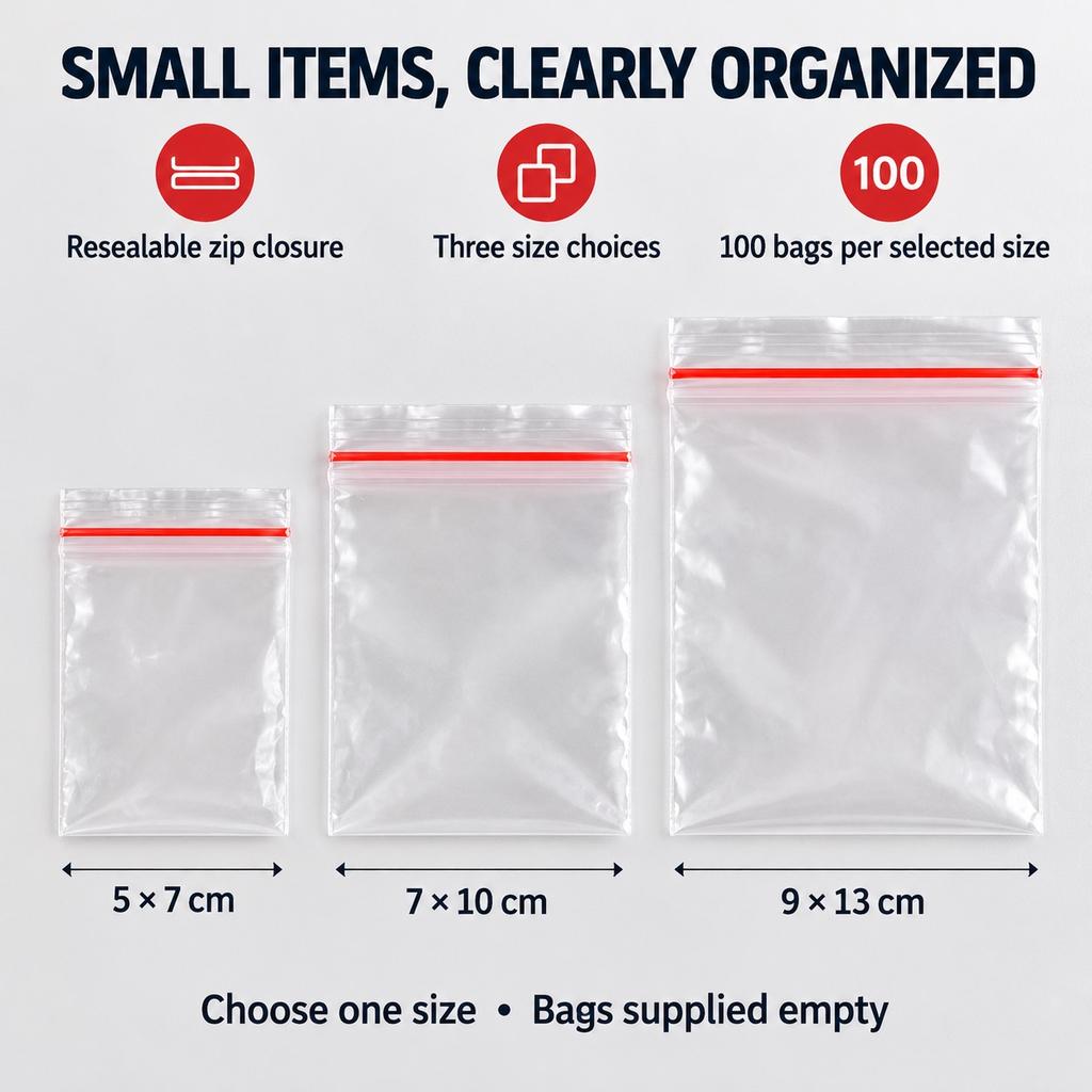 100 Clear Mini Resealable Zip Bags, 5x7 7x10 or 9x13cm