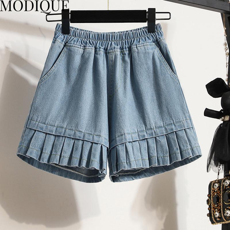 

MODIQUE, летние женские свободные свободные шорты больших размеров, эластичные прямые джинсовые шорты, плиссированная юбка из двух частей, женские повседневные темно-синие короткие брюки 5XL военно-воздушные силы синий