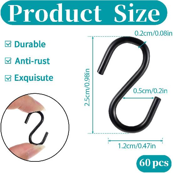 Mozeat Lens 60 Pack 1 Inch Small S Hooks for Hanging, Black Mini Ornament Hooks, Metal Heavy Duty Mini S Hooks for Jewelry, Necklaces, Plants,