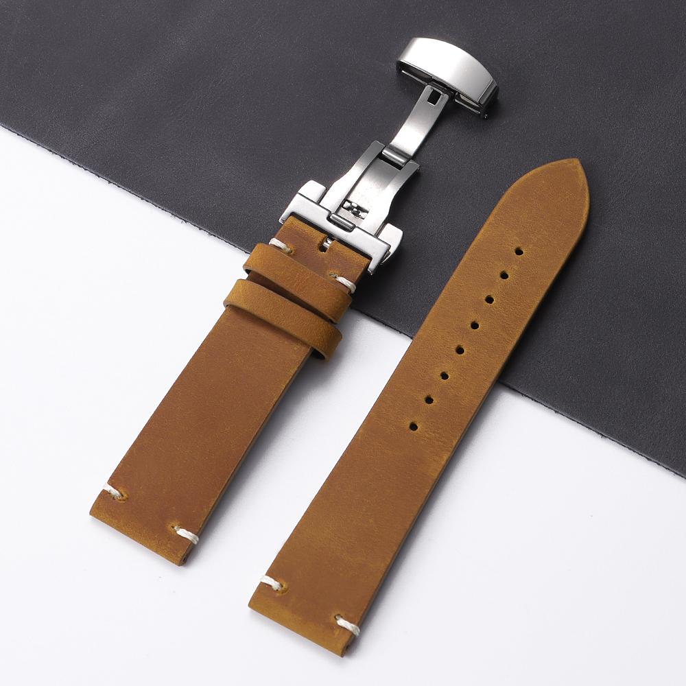 18/20/21/22/24mm Crazy Horse Cowhide Strap for Omega for Wrist Bracelet for Seiko Vintage Leather Watch Band Butterfly Buckle