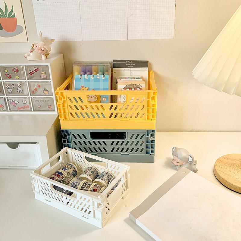 Collapsible Crate Plastic Folding Storage Box Basket Utility Cosmetic Container Desktop Holder Home Use School Desk Storage Box