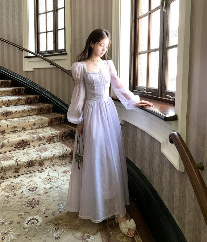 Fresh Purple Long Square Neck Long-sleeved Dress Women's Summer French Retro Daughter Style Temperament Waist Skirt