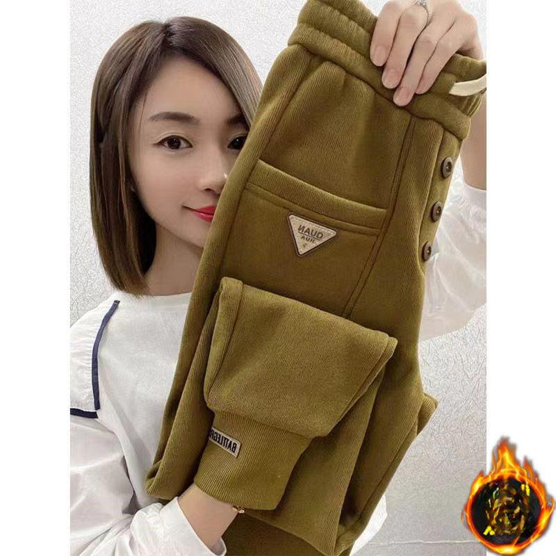 

Женские гаремные брюки с утолщенным плюшем, осенне-зимние, корейская версия, больших размеров, свободные и стройнящие, универсальные, спортивные повседневные брюки XXXXL жёлтый