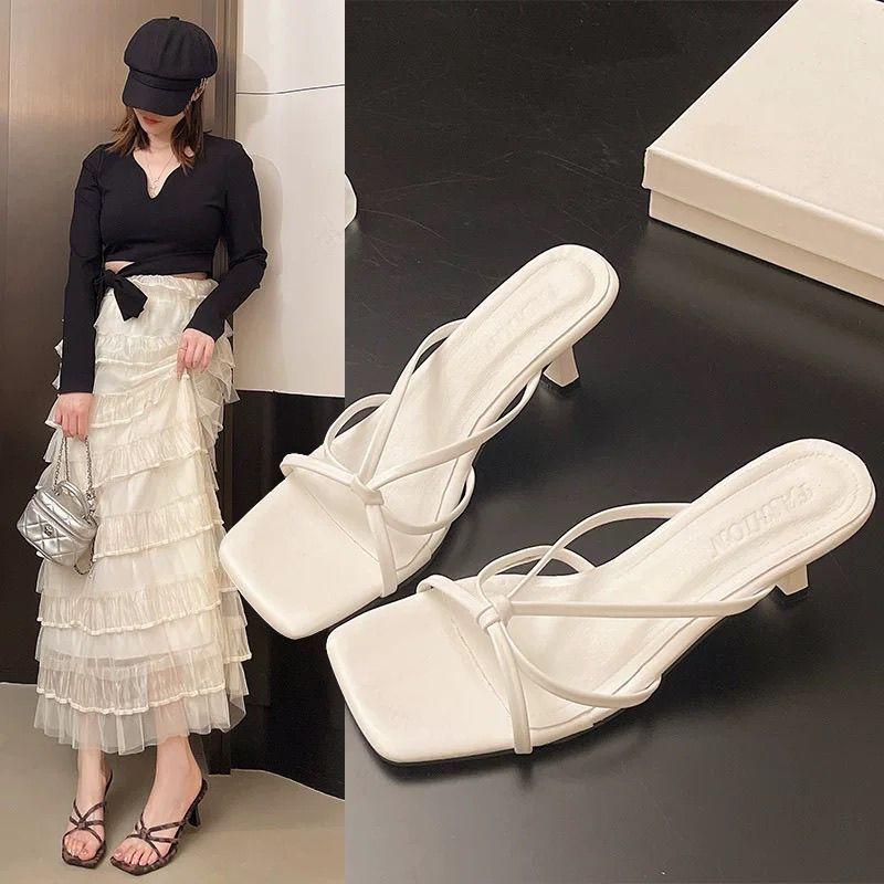 High Heels Square Head Thin Strap Open-toed Women's Cool Slippers Summer 2025 New Wear Fairy Style Temperament Single Shoes