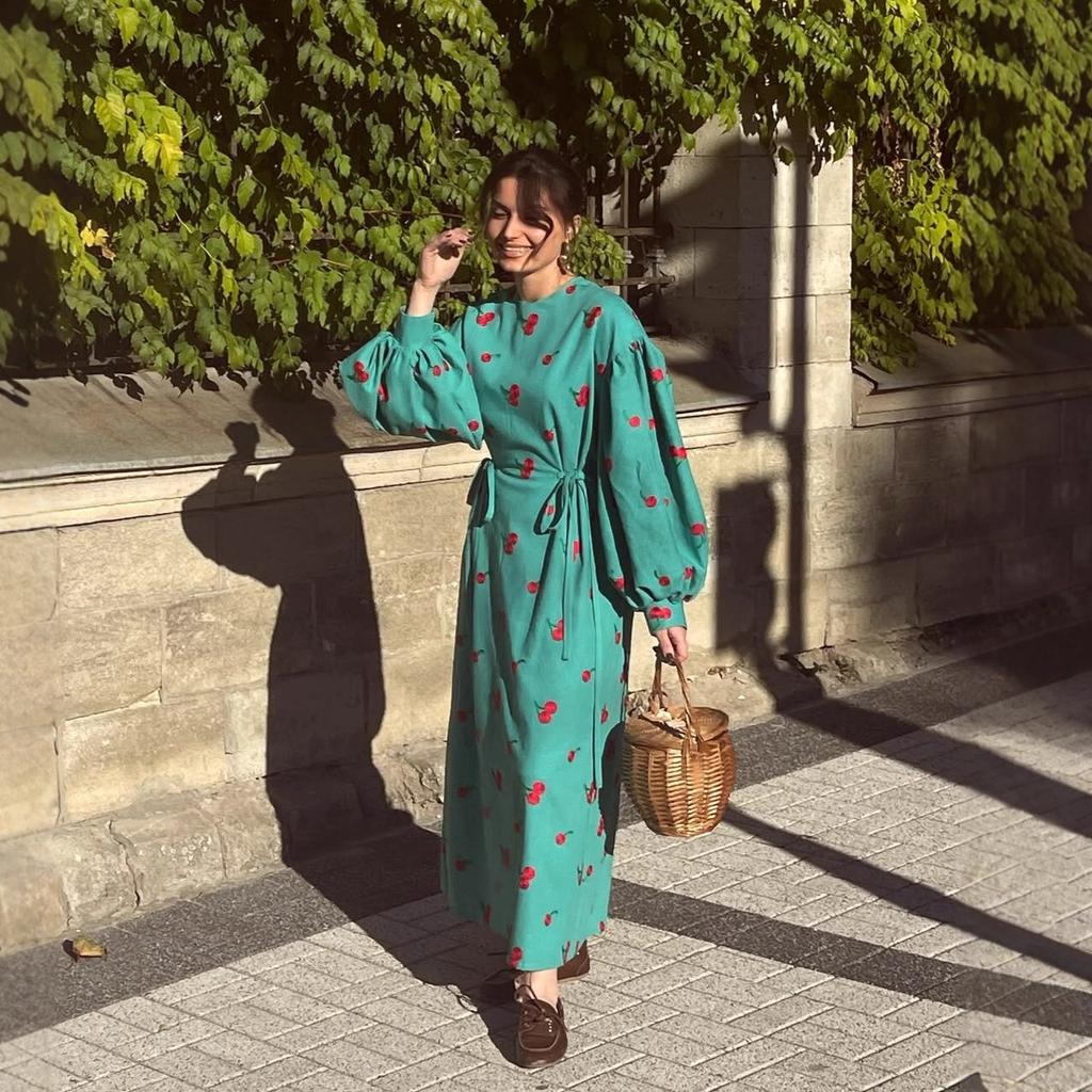 Women's spring European and American new fashion printed bubble sleeves slim lace-up retro dress