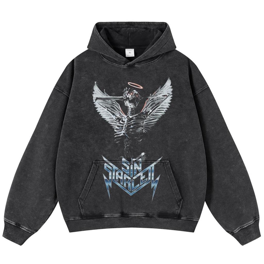 Streetwear Skelett Grafik verwaschen schwarz übergroßen Unisex Langarm Hoodie