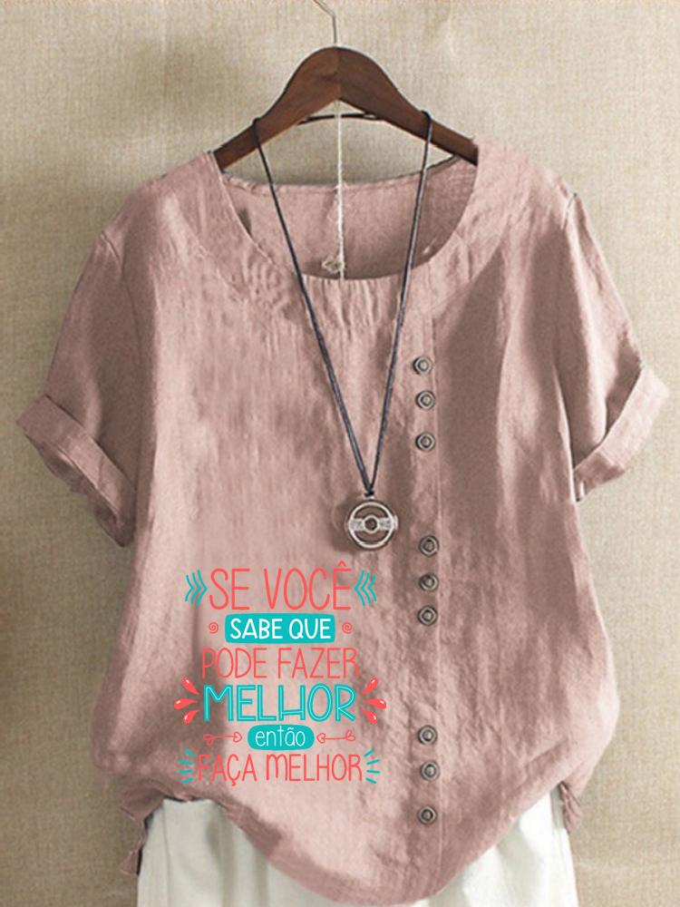 Women s Fashion Letter Print Round Neck Short Sleeve T-shirt Summer Casual Cotton Linen Graphic Shirt Leisure Loose Blouse Tops S