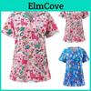 Fashion Short Print Womens Cartoon Sleeve Vneck Pocket Comfortable Caregiver Tops