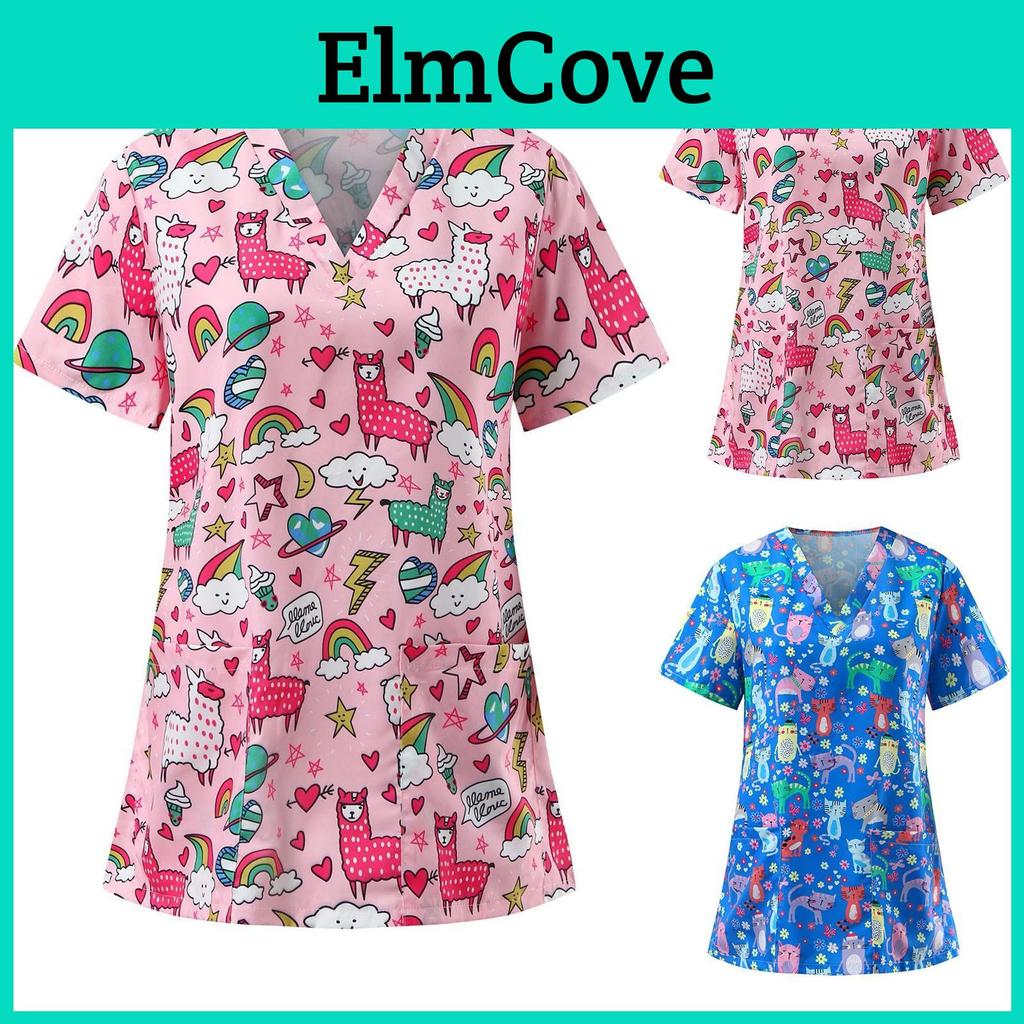 Fashion Short Print Womens Cartoon Sleeve Vneck Pocket Comfortable Caregiver Tops