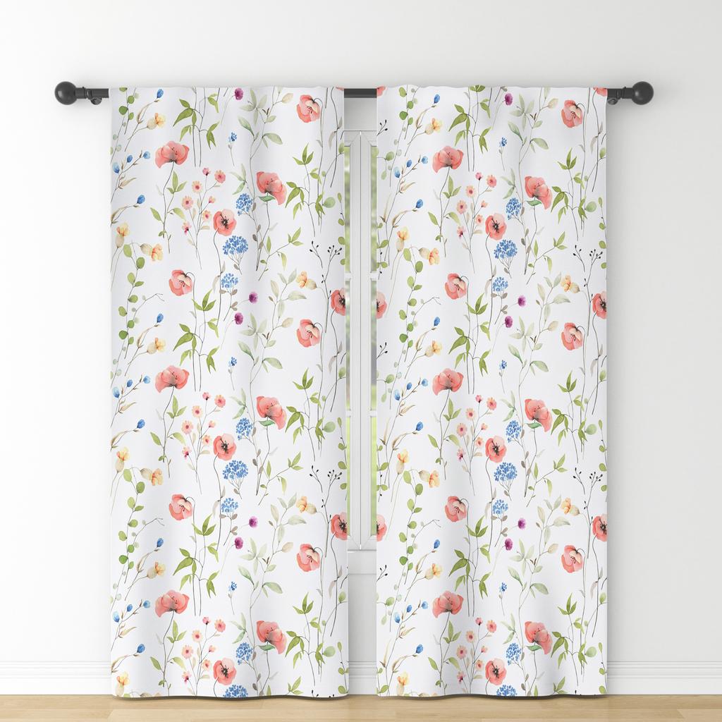 Set Of 2 Fresh Rural Style Window Curtains Floral Fragments Natural Decor Bedroom Dining Room Polyester Modern Blackout Made Treatment