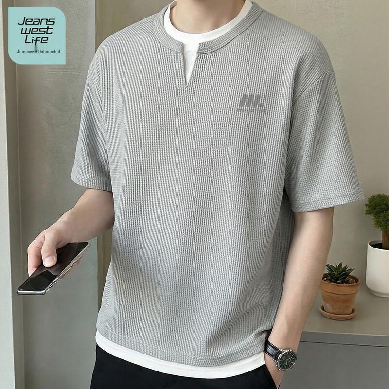 JEANSWEST LIFE Men s Waffle Knit Faux Two-Piece T-Shirt XL