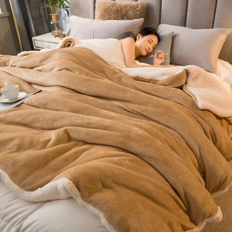 Thick Blanket Lamb Wool Warm Sleeping Double Side Microfiber Flannel Fleece Blankets for Bed Cozy Comfortable Super Soft Quilt
