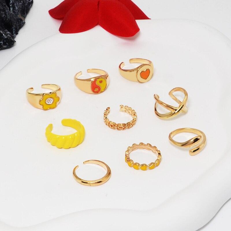 9pcs Gold-color Ring Set Women Fashion Trend Wind Open Finger Ring Yellow Department Zinc Alloy Jewelry